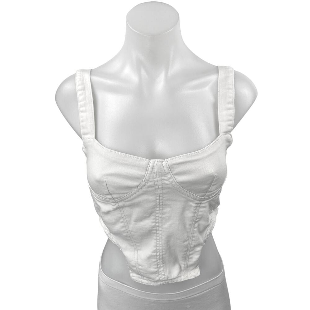 Zara White Denim Sleeveless Zip Crop Bandeau Bustier Corset Vest Tank Top Size S